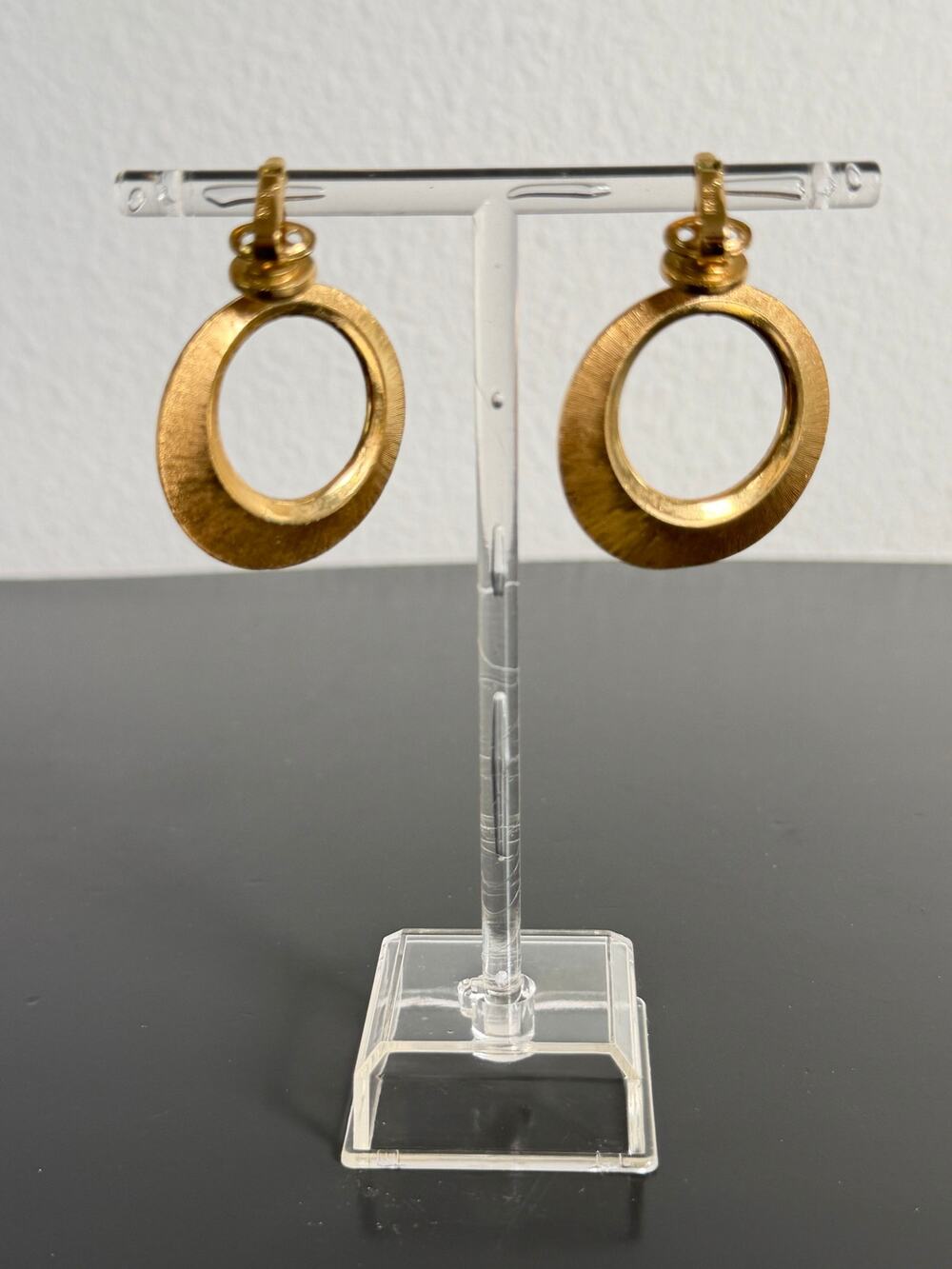 Vintage Trifari earrings textured clip-on dangle hoop brushed starburst design